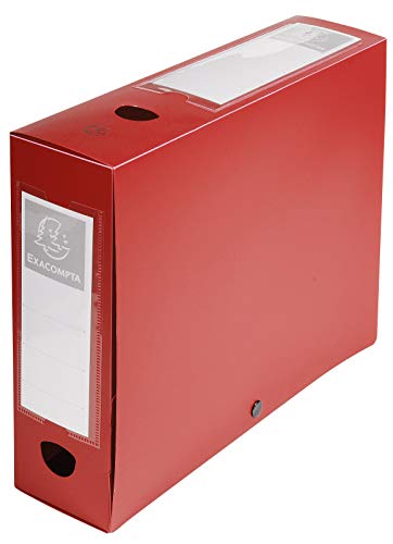 Exacompta 59835E Packung (mit 10 Archivboxen aus PP, mit Druckknopf, Rücken 80mm, DIN A4, mit Rückenetikett) rot, 10 Stück von Exacompta