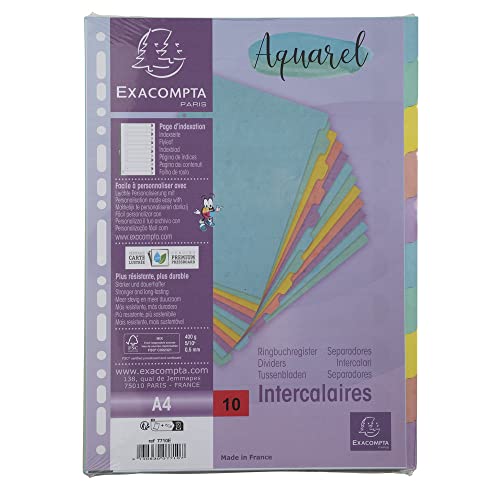 Exacompta 7710E Aquarel Trennblätter für DIN A4 aus glänzendem Karton 400 g/m² 10-teiliges Register Indexseite beschriftbar 10 vollfarbige Seiten 2 x 5 Farben von Exacompta