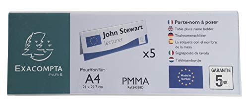 Exacompta 84358D 5er Pack Tisch-Namensschilder Querformat DIN A4 gefaltet aus hochwertigem Acryl beidseitig verwendbar UV beständig 30,0x10,5 cm Tischaufsteller Tischschild transparent von Exacompta