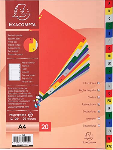 Exacompta 94E Kunststoff-Register A-Z für DIN A4 aus langlebigem Kunststoff 20-teilig volle Höhe 21 x 29,7 cm weiß mit bedruckten, bunten Taben Universallochung mit Indexseite zum selbstgestalten von Exacompta