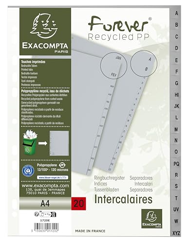 Exacompta - Ref. 1720E - Karton mit 20 Registern, grau, aus recyceltem Polypropylen mit 20 Registern, alphabetisch bedruckt, A-Z, Format A4, Maße: 22,5 x 29,7 cm, Blauer Engel von Exacompta