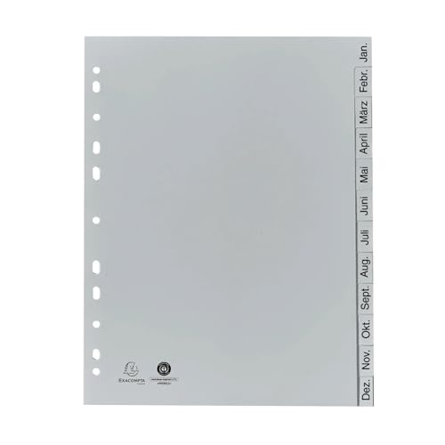 Exacompta - Ref. 1812B – Karton mit 25 bedruckten Monats-Registern aus recyceltem PP grau – Januar-Dezember (Deutsch) – 12 Positionen – A4 – Grau von EXACOMPTA