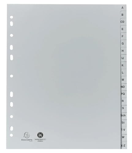 Exacompta - Ref. 1920B – Karton mit 25 Registern bedruckt Alphabetisch PP grau – AZ (deutsches Alphabet) 20 Positionen – A4 Maxi – Grau von EXACOMPTA