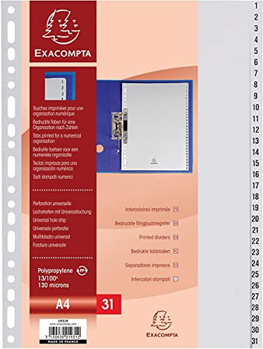 Exacompta - Ref. 1931E - Karton mit 20 grauen Registern aus recyceltem Polypropylen mit 31 digital bedruckten Registern von 1 bis 31 - Ordnerformat A4 - Maße 22,5 x 29,7 cm - Blauer Engel zertifiziert von Exacompta