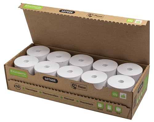 Exacompta - Ref. 40768E – Box mit 10 Thermo-Spulen für Kassenbon – Breite 80 mm x Durchmesser 72 mm, 1-lagig, thermisch 48 g/m², ohne Phenol, ohne Plastikmüll, Meterware, +/-2 m: 76 m Exacompta - Ref. 40768E – Box mit 10 Thermo-Spulen für Kassenbon – Breite 80 mm x Durchmesser 72 mm, 1-lagig, thermisch 48 g/m², ohne Phenol, ohne Plastikmüll, Meterware, +/-2 m: 76 m von EXACOMPTA