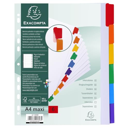 Exacompta - Ref. 4306E – Karton mit 20 Registern aus weißem Karton, 160 g/m², FSC® mit 6 farbneutralen Registern – verstärkt und laminiert – Indexseite bedruckbar – Format A4 Maxi von Exacompta