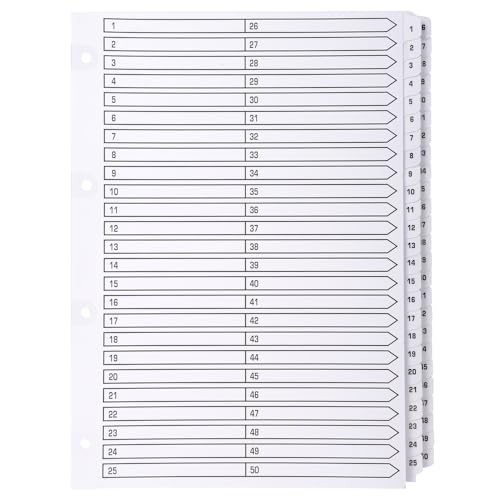 Exacompta - Ref. MWD1-50Z - Karton mit 4 Registern aus weißer 160g/m² FSC® Karte mit 50 digital bedruckten Registern von 1 bis 50 und laminiert - Bedruckbare Indexseite - Format zum Ordnen A4 von Exacompta