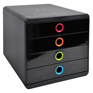 Exacompta Schubladenbox POP-BOX  schwarz mit bunten Grifflöchern 314498D, DIN A4 mit 4 Schubladen von Exacompta