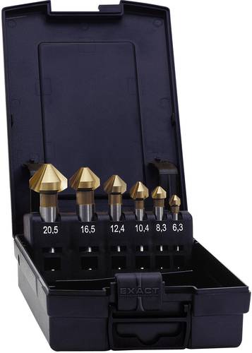 Exact 05567 Kegelsenker-Set 6teilig 6.3 mm, 8.3 mm, 10.4 mm, 12.4 mm, 16.5 mm, 20.5mm HSS TiN Zylind von Exact