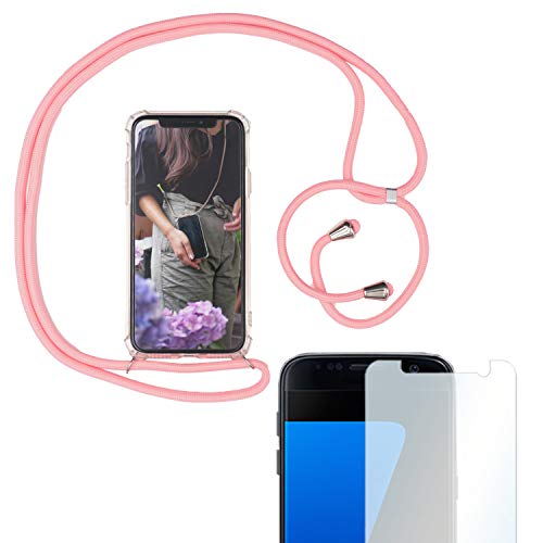 Eximmobile Handykette + Folie Schutzhülle kompatibel mit Samsung Galaxy S8+ Plus Handy Hülle mit Band Seil Rosa Schnur Case zum Umhängen Handytasche Umhängehülle Kette Kordel Silikoncase Tragen von Eximmobile