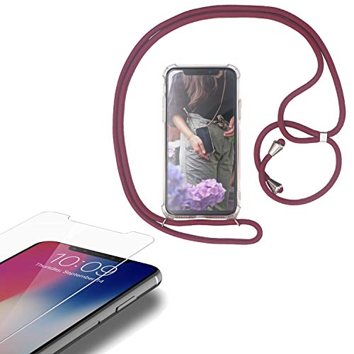 Eximmobile - Handykette kompatibel mit Apple iPhone 7 Plus / 8 Plus in Rot + Panzerfolie Schutzhülle Handy Hülle Band Seil Schnur Case Umhängen Handytasche Umhängehülle Kette Kordel Silikoncase von Eximmobile