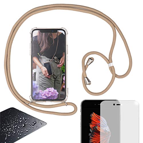 Eximmobile Handykette kompatibel mit Samsung Galaxy A50 mit Panzerfolie Handy Hülle Schutzhülle Band Seil in Beige Case zum Umhängen Handytasche Umhängehülle Kette Kordel Silikoncase Tragen von Eximmobile