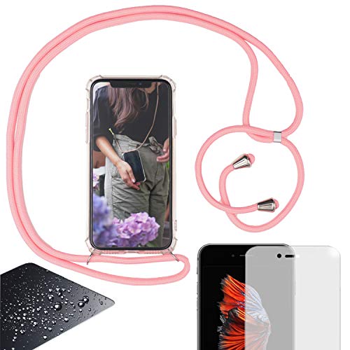 Eximmobile Handykette kompatibel mit Samsung Galaxy A7 (2018) mit Panzerfolie Handy Hülle Schutzhülle mit Band Seil in Rosa Case zum Umhängen Handytasche Umhängehülle Kette Kordel Silikoncase Tragen von Eximmobile