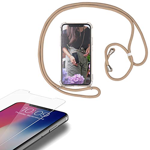 Eximmobile - Handykette kompatibel mit Samsung Galaxy M52 5G in Beige + Panzerfolie Schutzhülle Handy Hülle Band Seil Schnur Case Umhängen Handytasche Umhängehülle Kette Kordel Silikoncase von Eximmobile