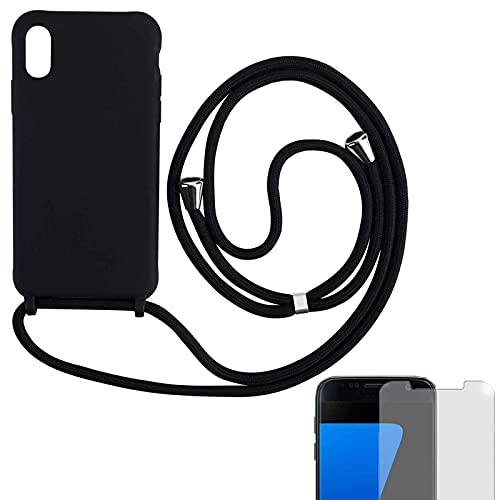 Eximmobile Hülle mit Band + 9H Panzerfolie Kompatibel mit Apple iPhone 14 Pro Max in Schwarz Handykette Rubber Handyhülle mit Kette für Smartphone Schutzhülle mit Kordel Case Matt von Eximmobile