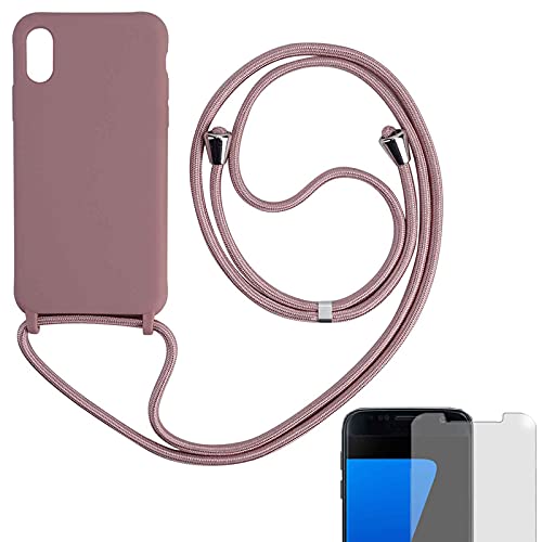 Eximmobile Hülle mit Band + 9H Panzerfolie Kompatibel mit Apple iPhone XS/X in Rosa Handykette Rubber Handyhülle mit Kette für Smartphone Schutzhülle mit Kordel Case Matt von Eximmobile