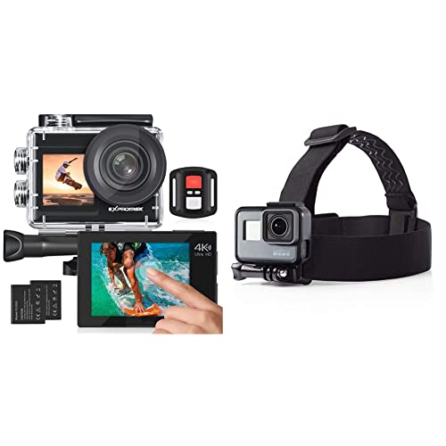 Exprotrek 4K-Action-Kamera mit Touchscreen, EIS Einstellbarer Blickwinkel, 40 m wasserdichte Unterwasserkamera, ferngesteuerte Sportkamera & Amazon Basics Kopfgurt für GoPro Actionkamera von Exprotrek