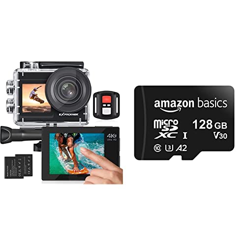 Exprotrek 4K-Action-Kamera mit Touchscreen, EIS Einstellbarer Blickwinkel & Amazon Basics - microSDXC-Speicherkarte, 128 GB, mit großem Adapter, A2, U3, lesegeschwindigkeit von bis zu 100 Mbit/s von Exprotrek
