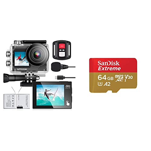 Exprotrek Action Cam,4K 30fps Ultra HD, 30m 100Fuß wasserdichte Unterwasserkamera, 2 Akku und Helmzubehör-Kit & SanDisk Extreme microSDXC UHS-I Speicherkarte 64 GB + Adapter Exprotrek Action Cam,4K 30fps Ultra HD, 30m 100Fuß wasserdichte Unterwasserkamera, 2 Akku und Helmzubehör-Kit & SanDisk Extreme microSDXC UHS-I Speicherkarte 64 GB + Adapter von Exprotrek