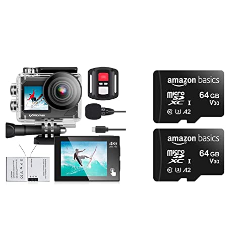 Exprotrek Action Cam,4K 30fps Ultra HD, 30m 100Fuß wasserdichte Unterwasserkamera & Amazon Basics - MicroSDXC, 64 GB, mit SD-Adapter,Schwarz, A2, U3, lesegeschwindigkeit von bis zu 100 Mbit/sc von Exprotrek