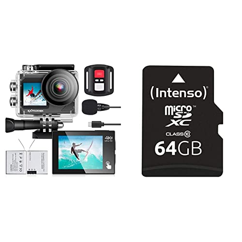 Exprotrek Action Cam,4K 30fps Ultra HD, 40m 100Fuß wasserdichte Unterwasserkamera, WiFi, 170° Ultraweitwinkel, Fernbedienung & Intenso microSDXC 64GB Class 10 Speicherkarte inkl. SD-Adapter, schwarz von Exprotrek