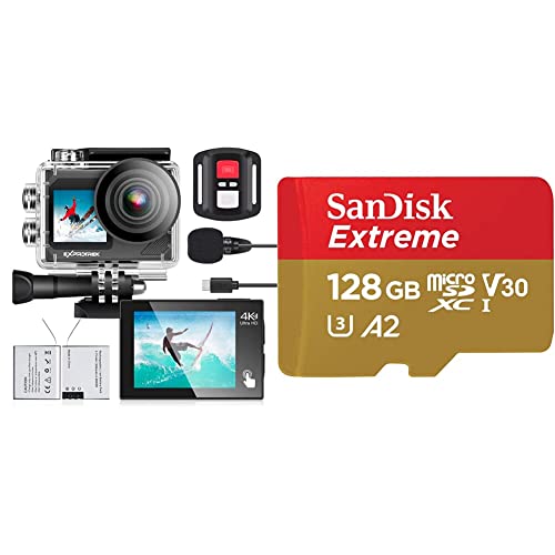 Exprotrek Action Cam,4K 30fps Ultra HD & SanDisk Extreme microSDXC UHS-I Speicherkarte 128 GB + Adapter (Für Smartphones, Actionkameras und Drohnen, A2, C10, V30, U3, 190 MB/s, RescuePRO Deluxe) von Exprotrek