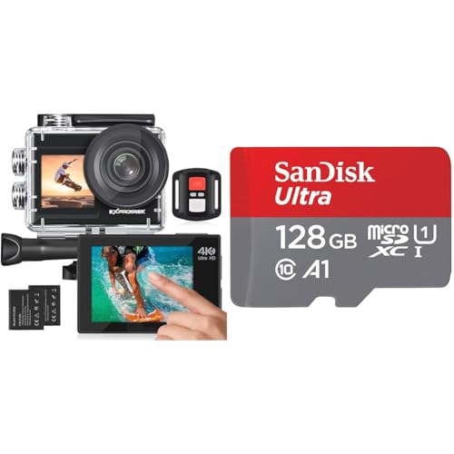 Exprotrek Action Cam 4K Unterwasserkamera Wasserdicht & SanDisk Ultra Android microSDXC UHS-I Speicherkarte 128 GB + Adapter von Exprotrek
