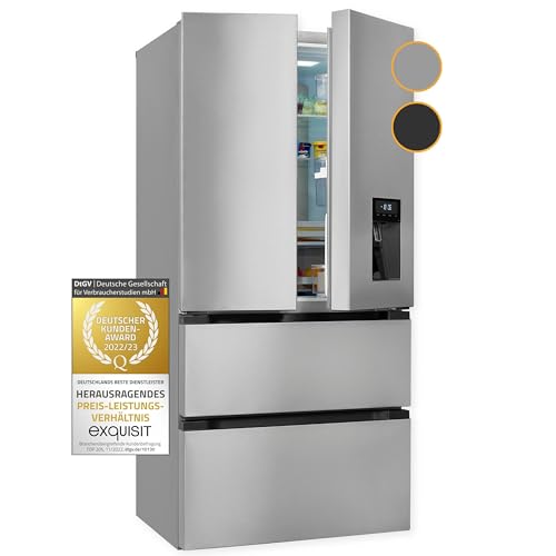 Exquisit French-Door-Kühlschrank FD490-160-WS-200E inoxlook insgesamt 506 l Nutzinhalt Display NoFrost Wasserspender Glasablagen French-Door 812110302 Extra brei von Exquisit