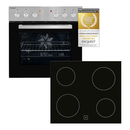 Exquisit Einbauherd-Set Backofen EHE10156-U-020 Set inox | Energieeffizienzklasse A | 59 l Garraum | Grill | Umluft | Glaskeramikkochfeld | rahmenlos | Einbaubackofen 60 cm von Exquisit
