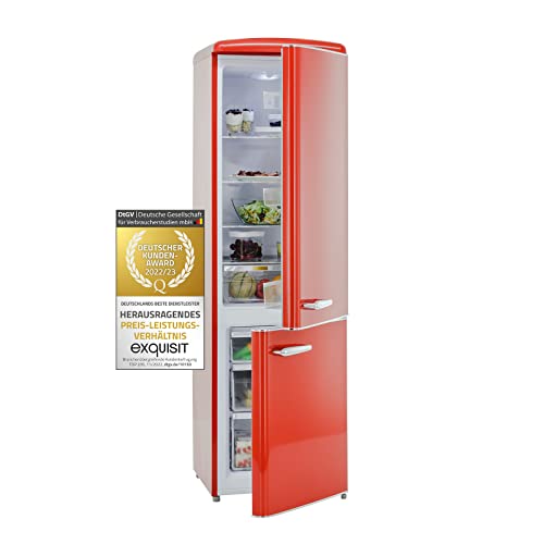 Exquisit Retrokühlschrank RKGC250-70-H-160E rot | 244 L Volumen | Kühlschrank Retro freistehend | Türablagen & Glasablagen | LED-Licht von Exquisit