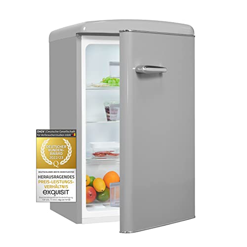 Exquisit Retrokühlschrank RKS120-V-H-160F grau, 122 L Volumen, Kühlschrank Retro freistehend, Türablagen & Glasablagen, LED-Licht von Exquisit
