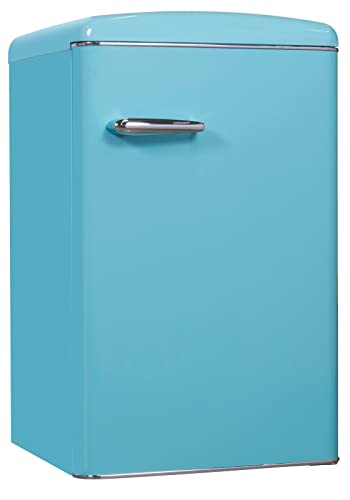 Exquisit Retrokühlschrank RKS120-V-H-160F taubenblau | 122 L Volumen | Kühlschrank Retro freistehend | Türablagen & Glasablagen | LED-Licht von Exquisit