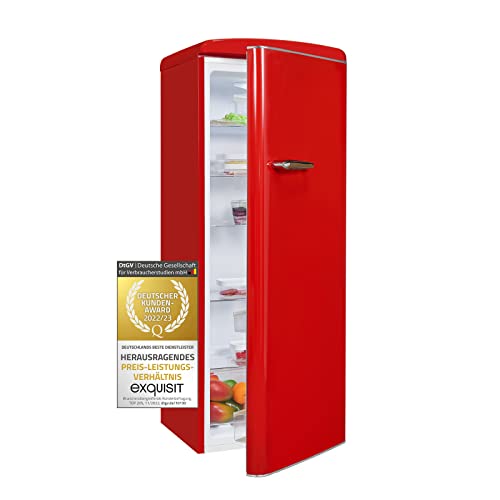 Exquisit Retrokühlschrank RKS325-V-H-160F rot, 229 L Volumen, Kühlschrank Retro freistehend, Abtau-Automatik, Tür- & Glasablagen, LED-Licht von Exquisit
