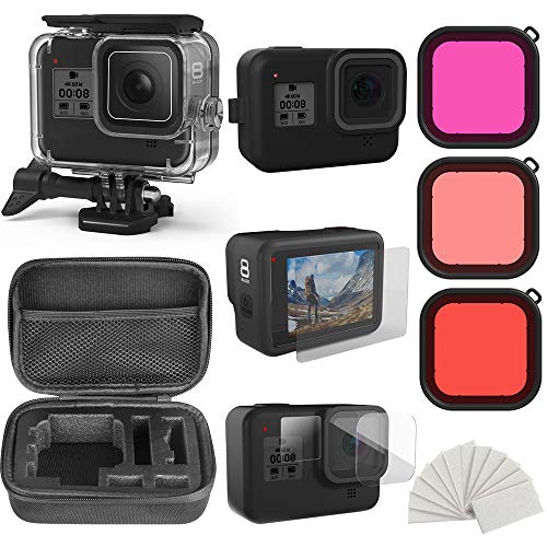 Eyeon Schutzhülle Gehäuse Silikonhülle mit Trageband für Hero 8 Black Action Kamera, Silikon-Gummi-Schutzhülle für für GoPro Hero 8 Schwarz (Basic 8 in 1 Kit for Hero 8) von Eyeon