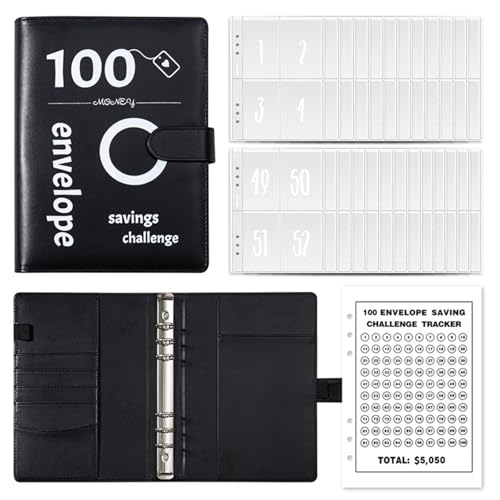100 Briefumschläge, Geld Sparen Challenge, Budget Planner Deutsch, A5 Geldsparordner mit Geldumschlägen, Sparen 5050 € Geldumschlägen für Büros, Zuhause, Schul (Schwarz) von Eylkeup