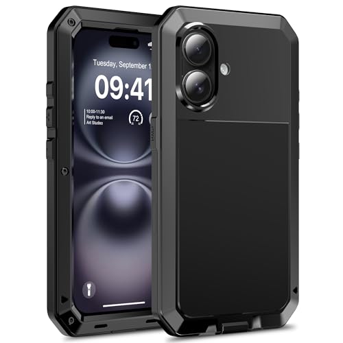 Ezanmull Metallhülle für iPhone 16, strapazierfähig, wasserdicht, mit integriertem Displayschutz, militärisch sturzsicher, 360° Rundumschutz, stoßfeste Schutzhülle für iPhone 16 (Schwarz) von Ezanmull