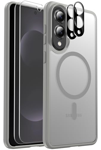 Ezanmull Schutzhülle für Samsung Galaxy S25 Edge, magnetisch, stoßfest, [passend für MagSafe] [Glas-Displayschutzfolie + Kameraobjektivschutz], durchscheinende Anti-Fingerabdruck-Hülle (Grau) von Ezanmull