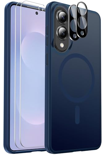Ezanmull Schutzhülle für Samsung Galaxy S25 Edge, magnetisch, stoßfest, [passend für MagSafe] [Glas-Displayschutzfolie + Kameraobjektivschutz] Transluzente Anti-Fingerabdruck-Hülle (Blau) von Ezanmull