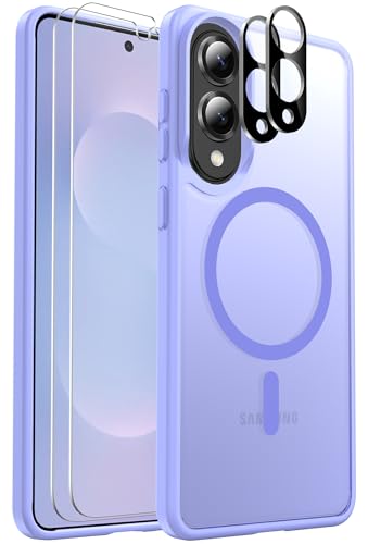 Ezanmull Schutzhülle für Samsung Galaxy S25 Edge, magnetisch, stoßfest, [passend für MagSafe] [Glas-Displayschutzfolie + Kameraobjektivschutz] Transluzente Anti-Fingerabdruck-Hülle (Hellviolett) von Ezanmull