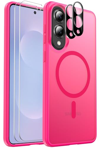 Ezanmull Schutzhülle für Samsung Galaxy S25 Edge, magnetisch, stoßfest, [passend für MagSafe] [Glas-Displayschutzfolie + Kameraobjektivschutz] Transluzente Anti-Fingerabdruck-Hülle (Hot Pink) von Ezanmull