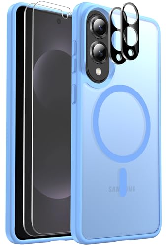 Ezanmull Schutzhülle für Samsung Galaxy S25 Edge, magnetisch, stoßfest, [passend für MagSafe] [Glas-Displayschutzfolie + Kameraobjektivschutz] Transluzente Anti-Fingerabdrücke Hülle (Hellblau) von Ezanmull