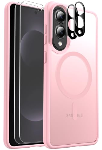 Ezanmull Schutzhülle für Samsung Galaxy S25 Edge, magnetisch, stoßfest, [passend für MagSafe] [Glas-Displayschutzfolie + Kameraobjektivschutz] Transluzente Anti-Fingerabdrücke Hülle (Rosa) von Ezanmull