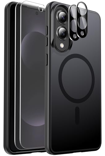 Ezanmull Schutzhülle für Samsung Galaxy S25 Edge, magnetisch, stoßfest, [passend für MagSafe] [Glas-Displayschutzfolie + Kameraobjektivschutz] Transluzente Anti-Fingerabdrücke Hülle (Schwarz) von Ezanmull