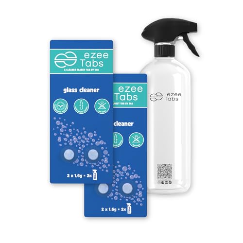 EzeeTabs Glasreiniger Bundle – Reinigungstabs für ein mikroplastikfreies, biologisch abbaubares und veganes Putzmittel – 4 x Reiniger für streifenfreien Glanz und 1 x wiederverwendbare Flasche von EzeeTabs