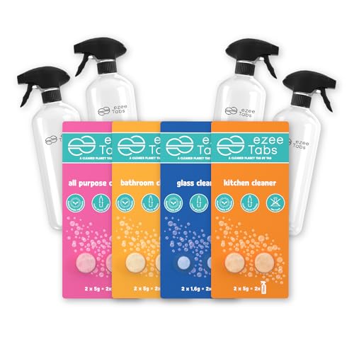 EzeeTabs Reinigungsmittel Bundle – Je 2 Allzweckreiniger, Badreiniger, Küchenreiniger, Glasreiniger und 4 wiederverwendbare Flaschen – Mikroplastikfreies, biologisch abbaubares und veganes Putzmittel von EzeeTabs