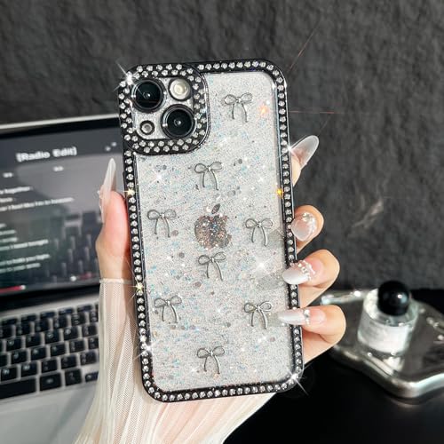 FABSPARK Schutzhülle für iPhone 14, 3D-Hülle, silberfarbene Schleife, kristallklar, Glitzer, Strass, Pailletten, glänzend, glitzernd, ästhetisch, transparent, weich, für iPhone 14, Schwarz FABSPARK Schutzhülle für iPhone 14, 3D-Hülle, silberfarbene Schleife, kristallklar, Glitzer, Strass, Pailletten, glänzend, glitzernd, ästhetisch, transparent, weich, für iPhone 14, Schwarz von FABSPARK