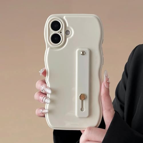 FABSPARK Schutzhülle für iPhone 16, mit flexibler, verstellbarer, weicher Finger-Handschlaufe, Ständer, Wellendesign, gewellter Rahmen, Silikon, ästhetisch, Beige von FABSPARK
