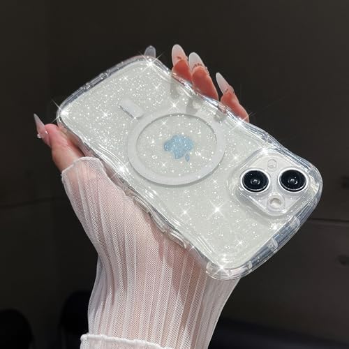 FABSPARK Schutzhülle für iPhone 16 Plus, kompatibel mit MagSafe, magnetischer, klarer, gewellter Rahmen, Wellen-Hülle mit glitzerndem Glitzer, transparentes Acryl, hartes Polycarbonat für iPhone 16 von FABSPARK