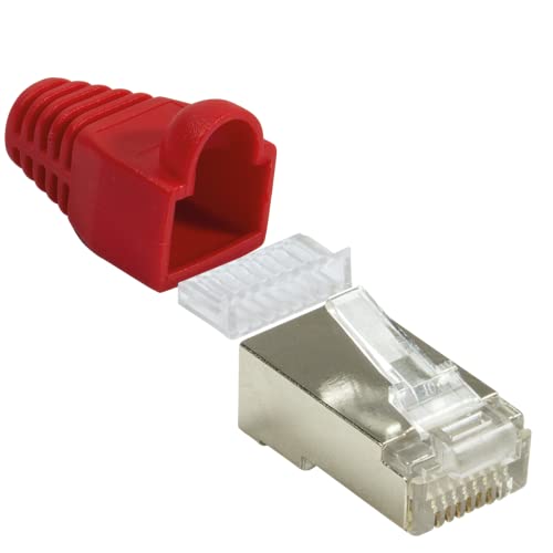 FACONET 20er Pack RJ45 Crimpstecker Netzwerkstecker CAT 5e CAT 6 STP geschirmt mit Einfädelhilfe und Hülle Knickschutz in Rot, Stecker für Patchkabel LAN Kabel von FACONET