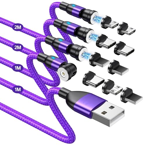 FACROO Ladekabel Magnetisch, Magnet Ladekabel 4 Stück [2M+2M+1M+1M], 3 in 1 USB C Magnet Kabel 360° und 180° Drehbar mit Type C/Micro USB/iProducts(Lila) von FACROO